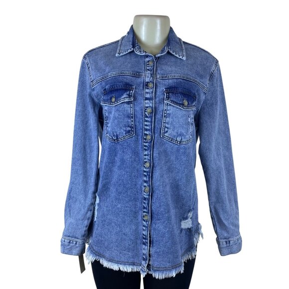 Pilcro Women's Blue Denim Button-Up Jacket With Fringe Hem Size Small - New - Picture 1 of 10